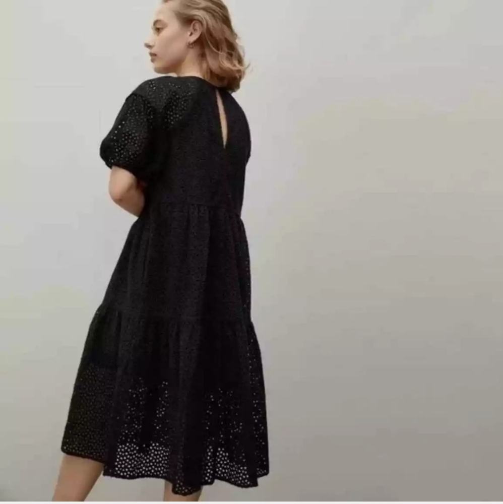 Everlane The Tiered Eyelet Dress Black Midi size S